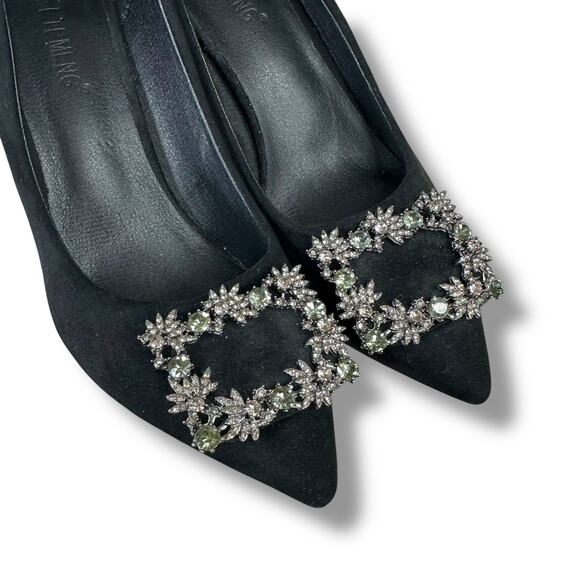 MEI TI MENG Black Embellished Pointed Toe Flared Heel Mengmei Stiletto Pumps - Picture 5 of 14